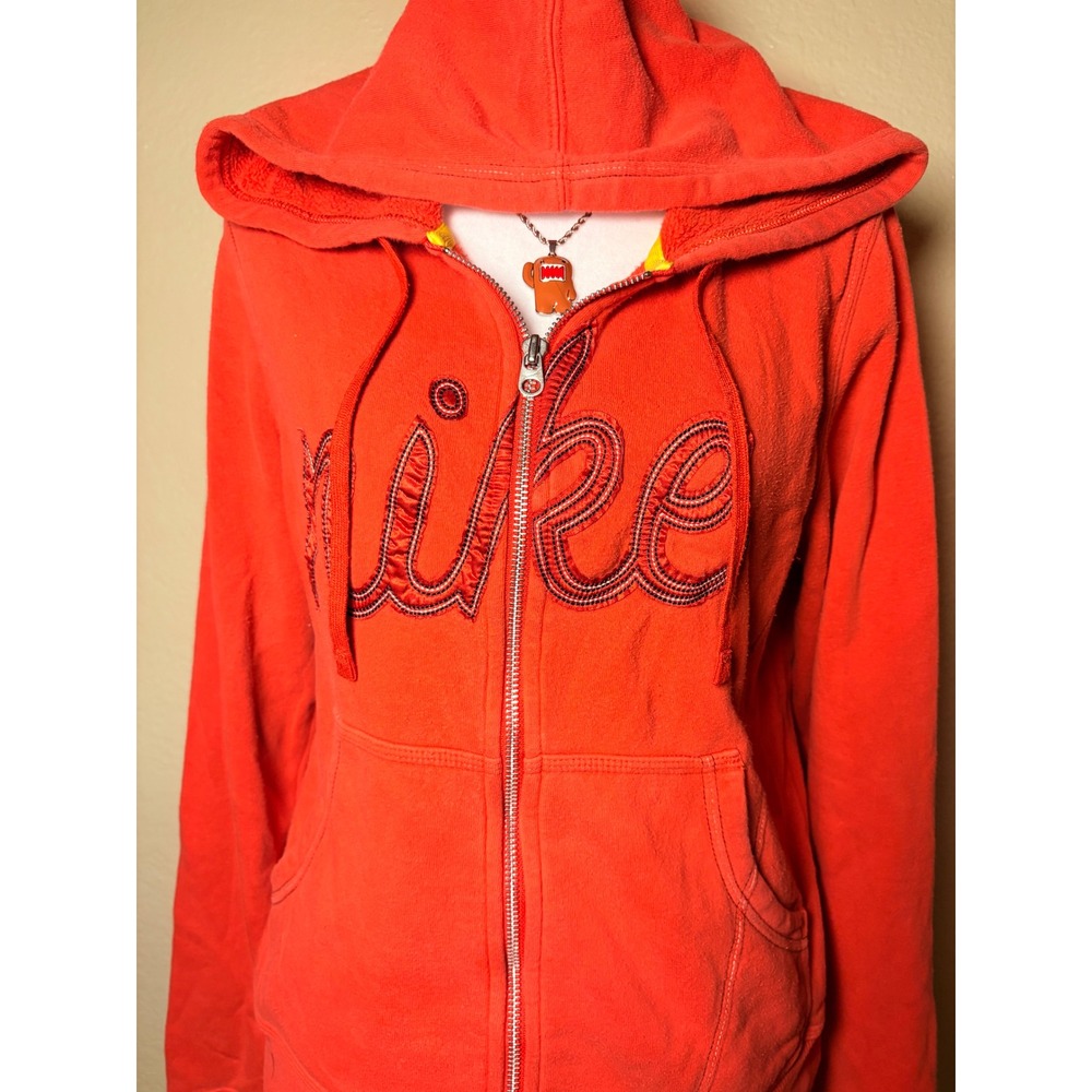 Y2K Nike Womens Full Zip Hoodie Orange Red Script Logo Fleece Sweatshirt Large - Picture 2 of 5